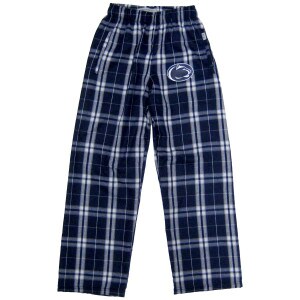 youth navy plaid flannel pants with Penn State Athletic Logo on left thigh